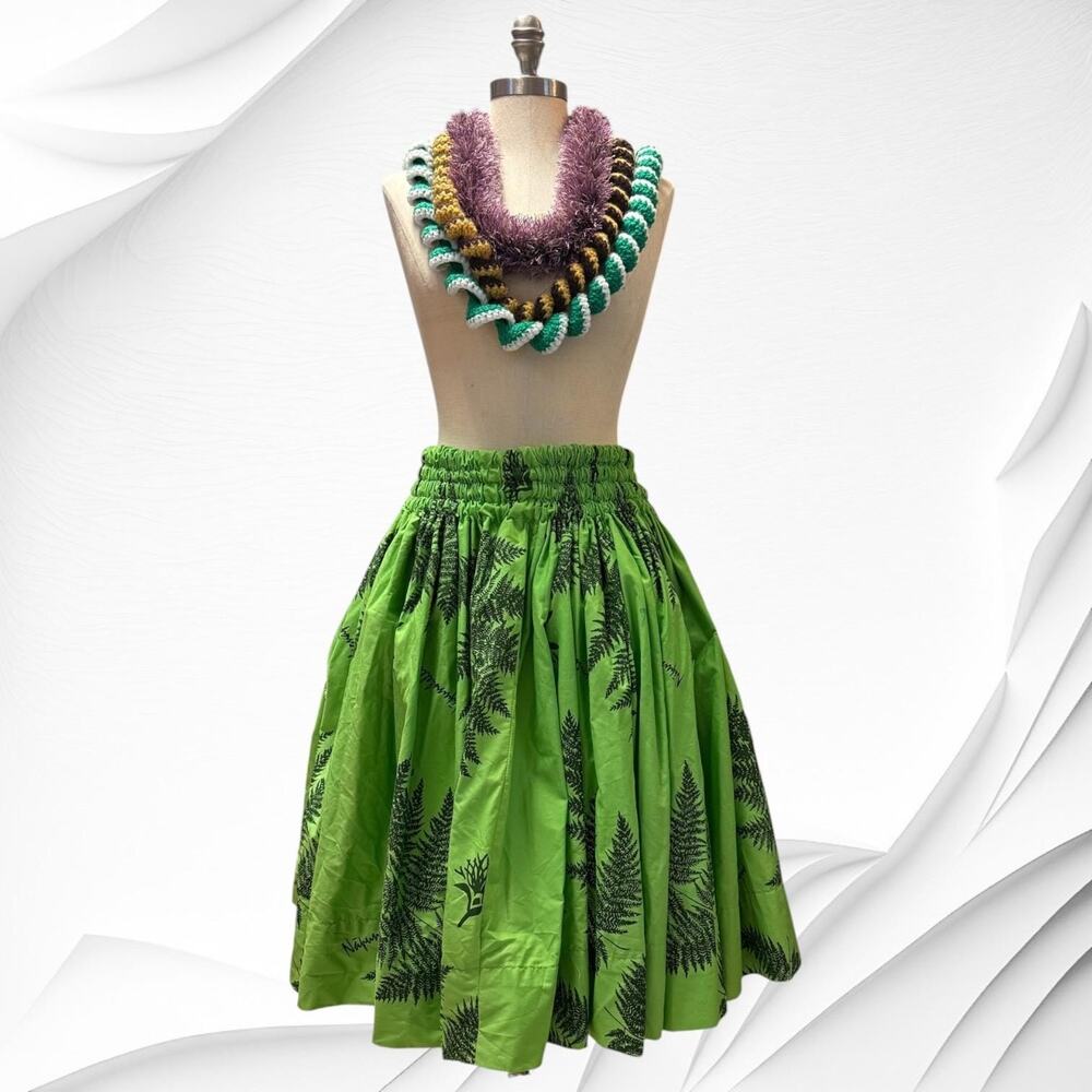 Hawaiian Hula Pau Skirt Green Fern Lehua Print Elastic Waist